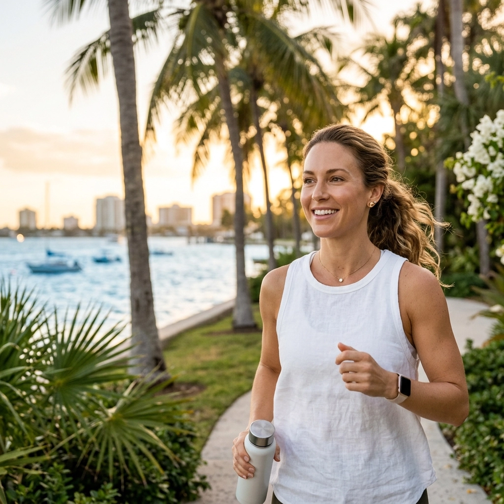 Woman jogging at the waterfront — restored vitality through VidaVital care